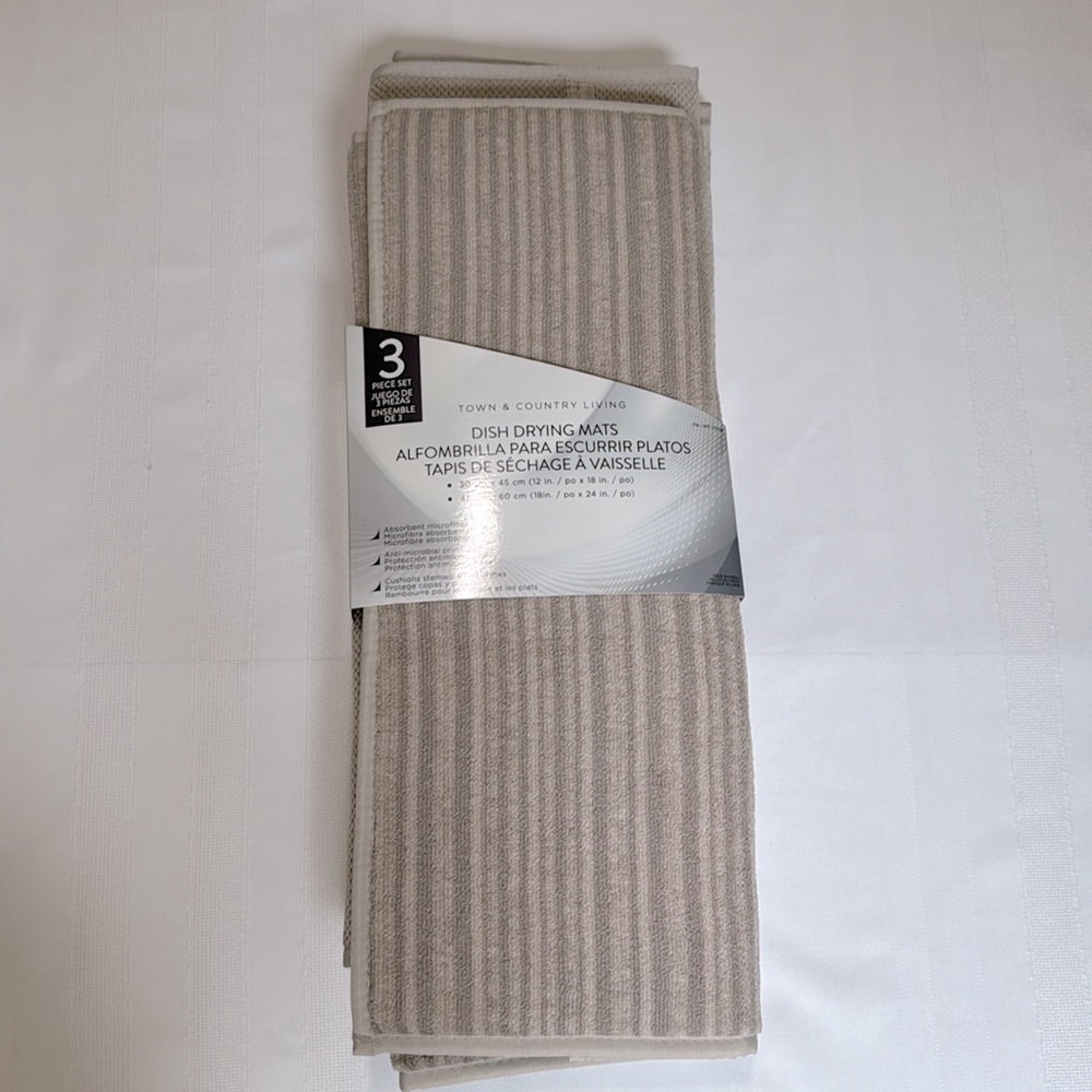 Town & Country Living Dish Drying Mats 3-Pc Beige Microfiber Absorbent NWT